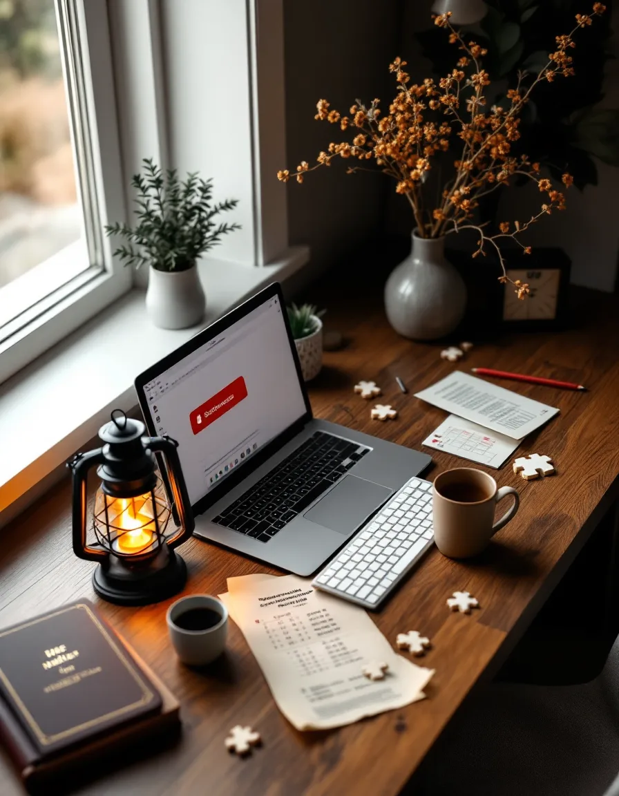 A localization desk in morning light: a laptop open to a staging app screen, marked-up string tables, a small lit lantern, a Vietnamese dictionary and a cup of coffee