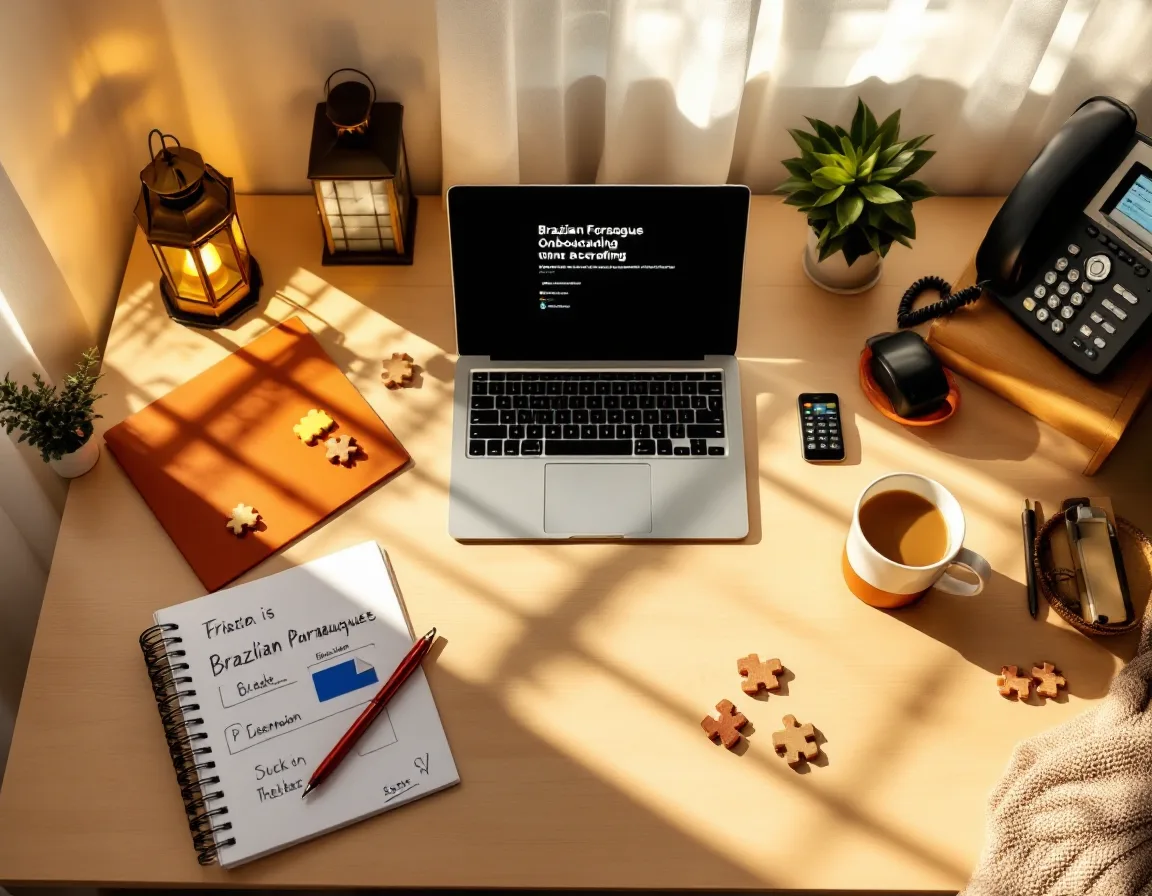 A sunlit translation desk with a laptop showing a Portuguese onboarding screen, a marked-up string table, a small lantern and jigsaw pieces